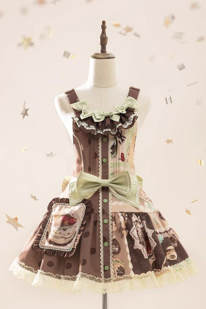 Sweet Lolita Dress - Cake Chocolate Dessert Print, Brown, Bow Detail, Ruffled, Printed - additional product view 3