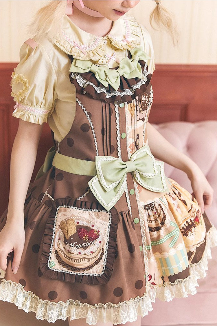 Sweet Lolita Dress - Cake Chocolate Dessert Print, Brown, Bow Detail, Ruffled, Printed - additional product view 4