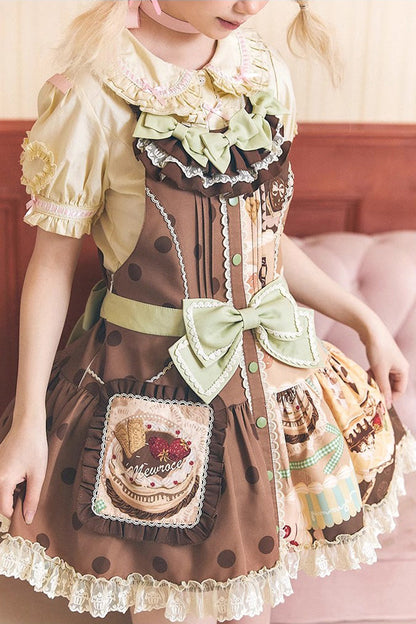 Sweet Lolita Dress - Cake Chocolate Dessert Print, Brown, Bow Detail, Ruffled, Printed - additional product view 4