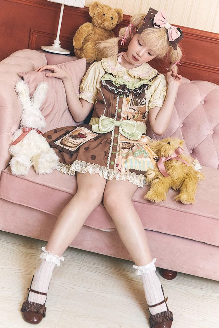 Sweet Lolita Dress - Cake Chocolate Dessert Print, Brown, Bow Detail, Ruffled, Printed - additional product view 5