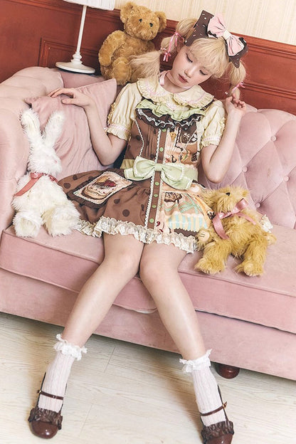 Sweet Lolita Dress - Cake Chocolate Dessert Print, Brown, Bow Detail, Ruffled, Printed - additional product view 5