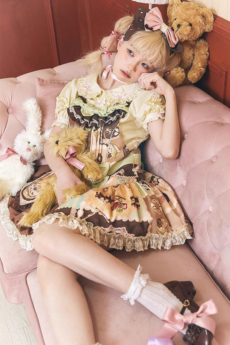 Sweet Lolita Dress - Cake Chocolate Dessert Print, Brown, Bow Detail, Ruffled, Printed - additional product view 6