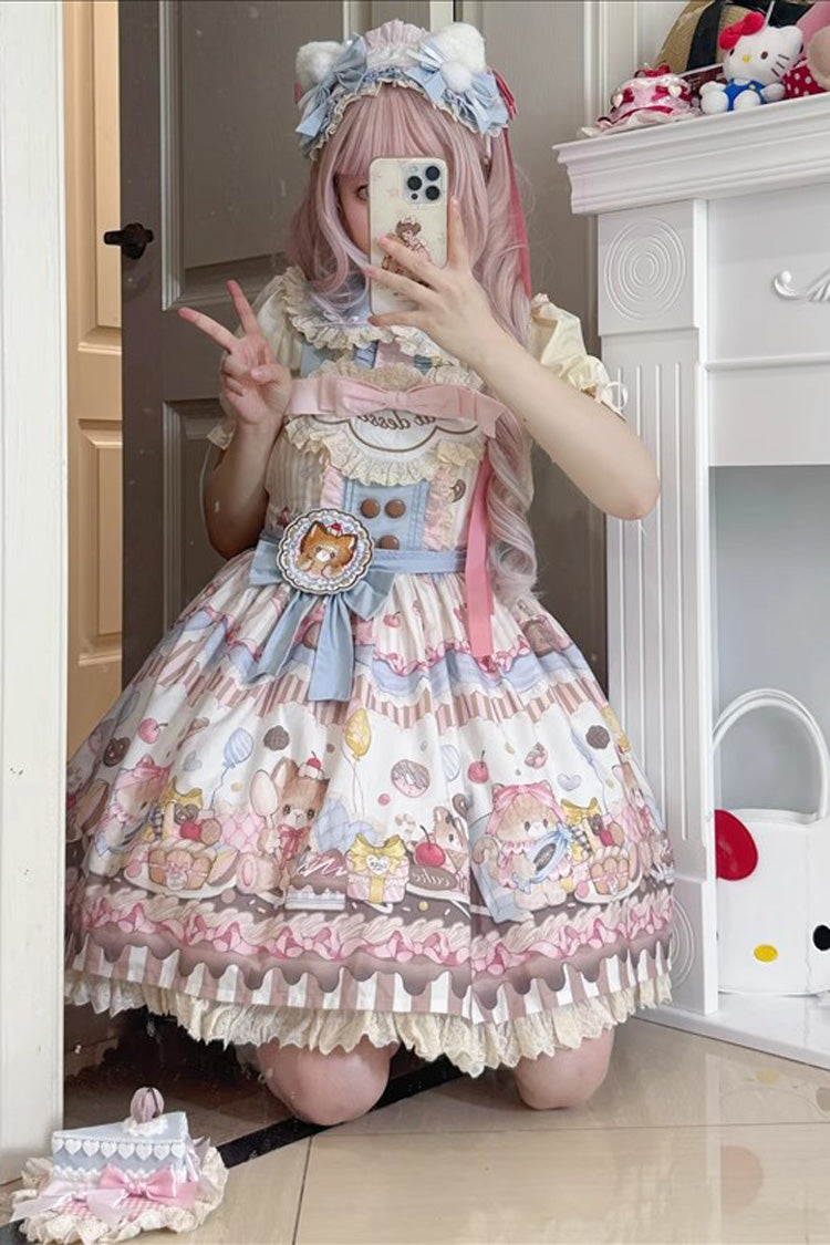 Sweet Lolita Dress - Cat Dessert, Multi-Color, Ruffled, Printed, Bow Detail - additional product view 2