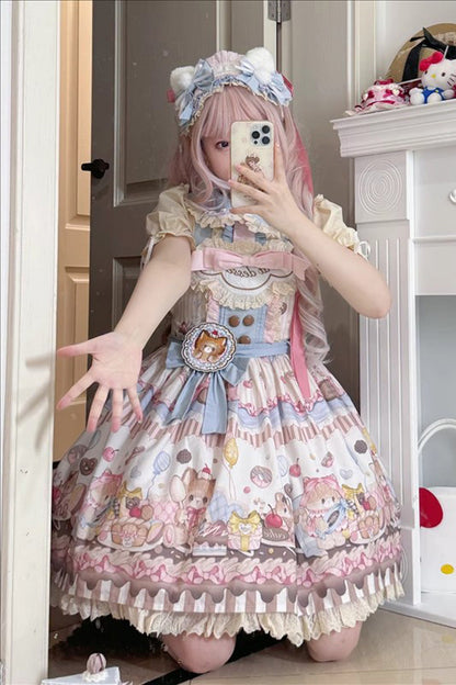 Sweet Lolita Dress - Cat Dessert, Multi-Color, Ruffled, Printed, Bow Detail - additional product view 3