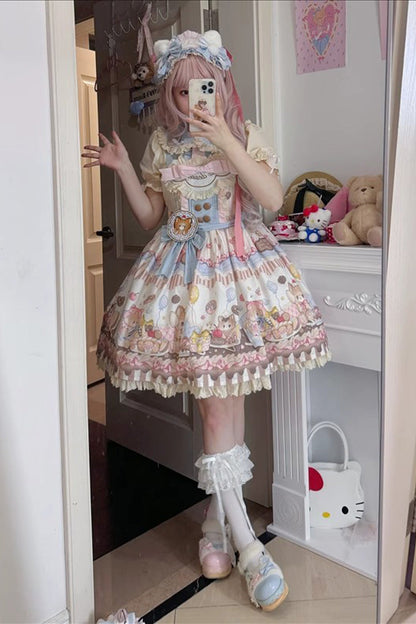 Sweet Lolita Dress - Cat Dessert, Multi-Color, Ruffled, Printed, Bow Detail - additional product view 4