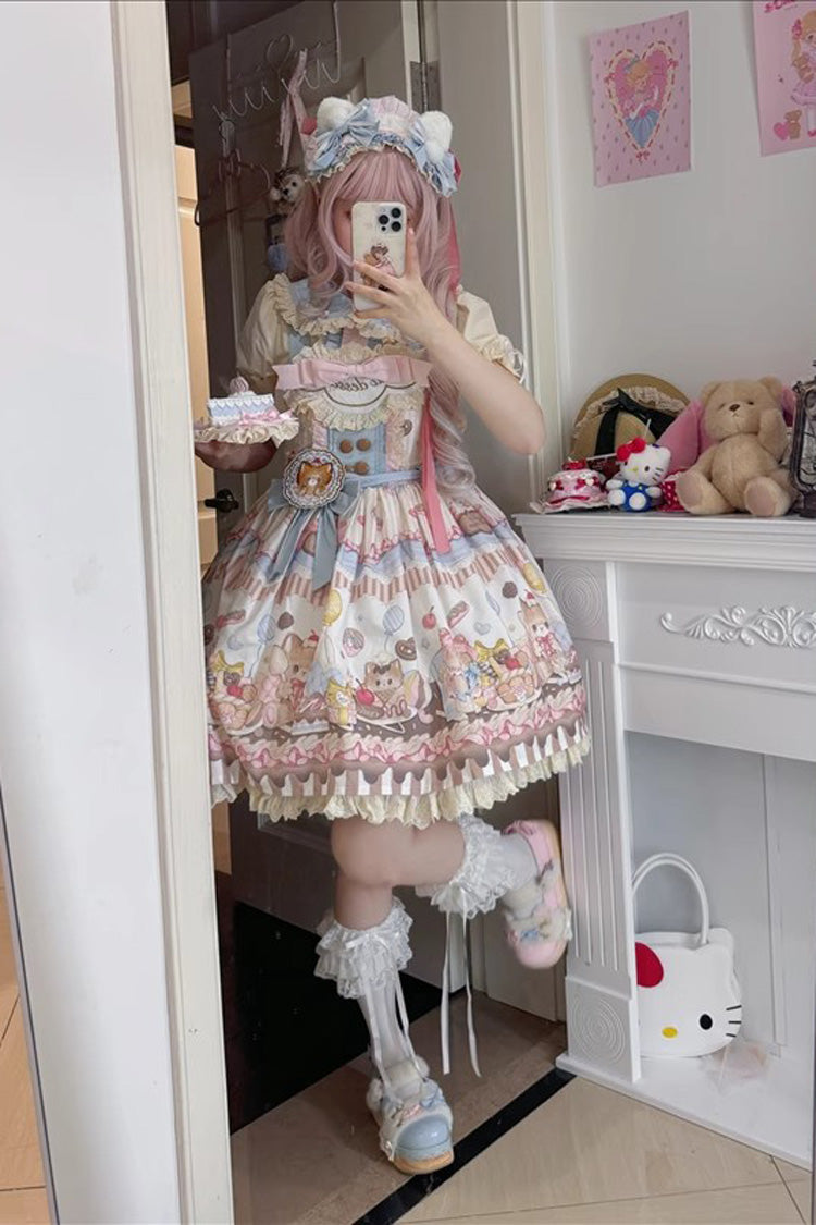 Sweet Lolita Dress - Cat Dessert, Multi-Color, Ruffled, Printed, Bow Detail - additional product view 5