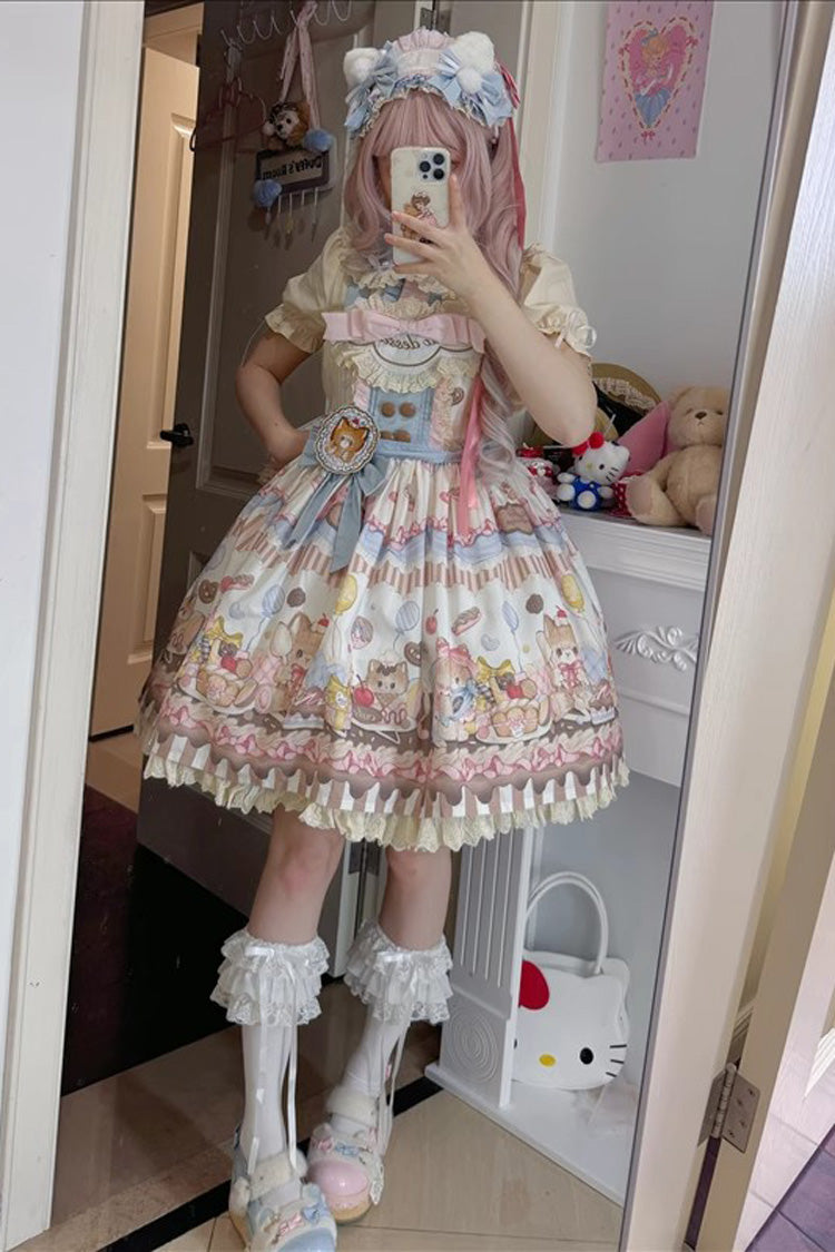 Sweet Lolita Dress - Cat Dessert, Multi-Color, Ruffled, Printed, Bow Detail - additional product view 6