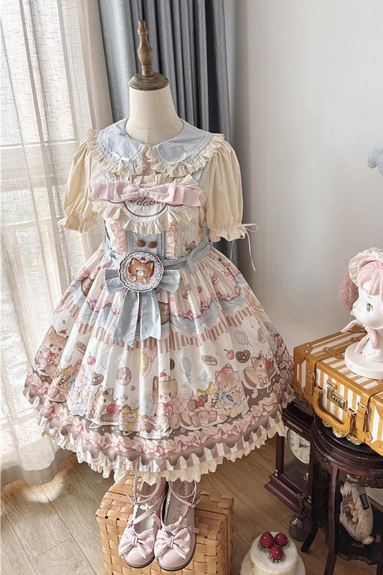 Sweet Lolita Dress - Cat Dessert, Multi-Color, Ruffled, Printed, Bow Detail - main product image