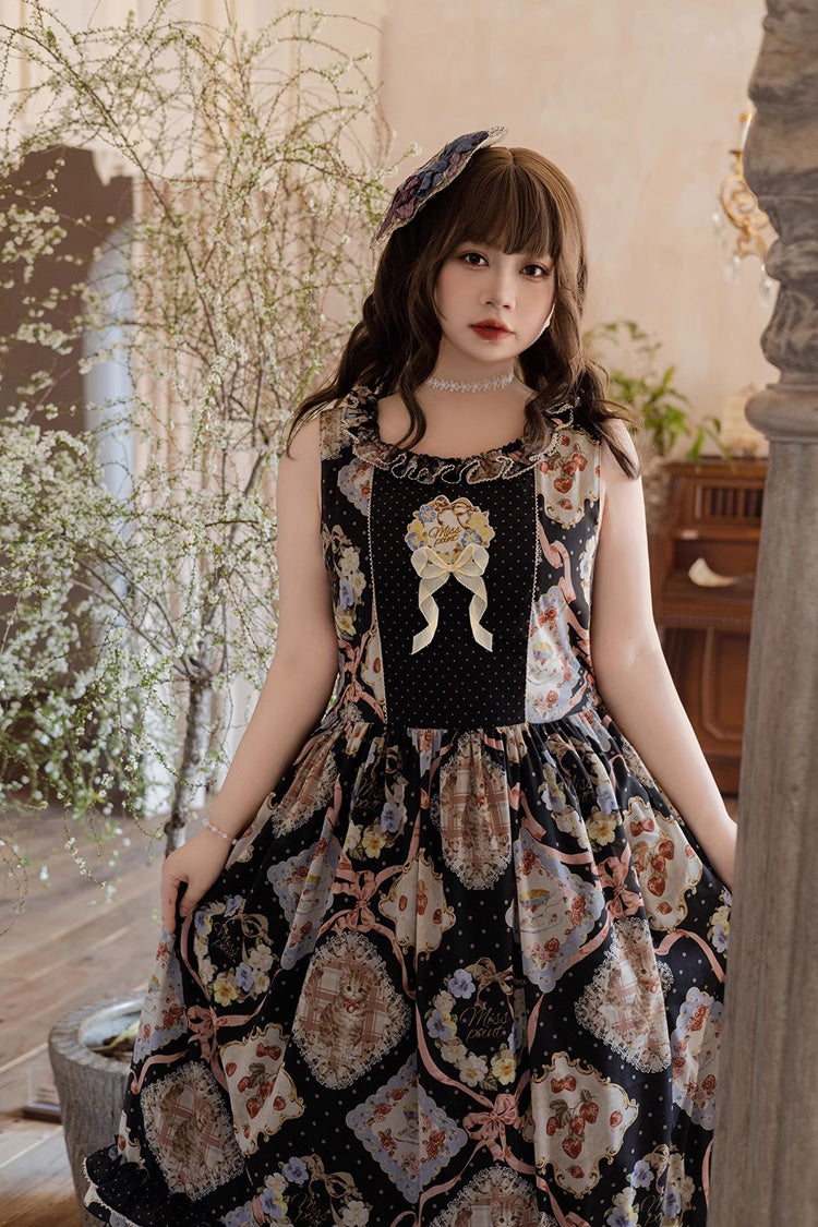 Sweet Lolita Dress - Cat Rose Tea, 3 Colors, Bow Detail, Ruffled, Printed - additional product view 13
