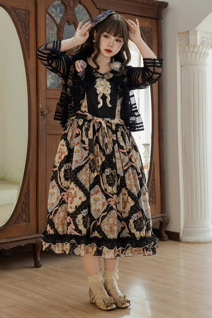 Sweet Lolita Dress - Cat Rose Tea, 3 Colors, Bow Detail, Ruffled, Printed - additional product view 14
