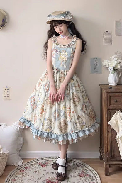 Sweet Lolita Dress - Cat Rose Tea, 3 Colors, Bow Detail, Ruffled, Printed - main product image