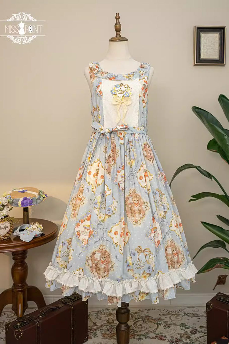 Sweet Lolita Dress - Cat Rose Tea, 3 Colors, Bow Detail, Ruffled, Printed - XS Blue / S Blue / M Blue option