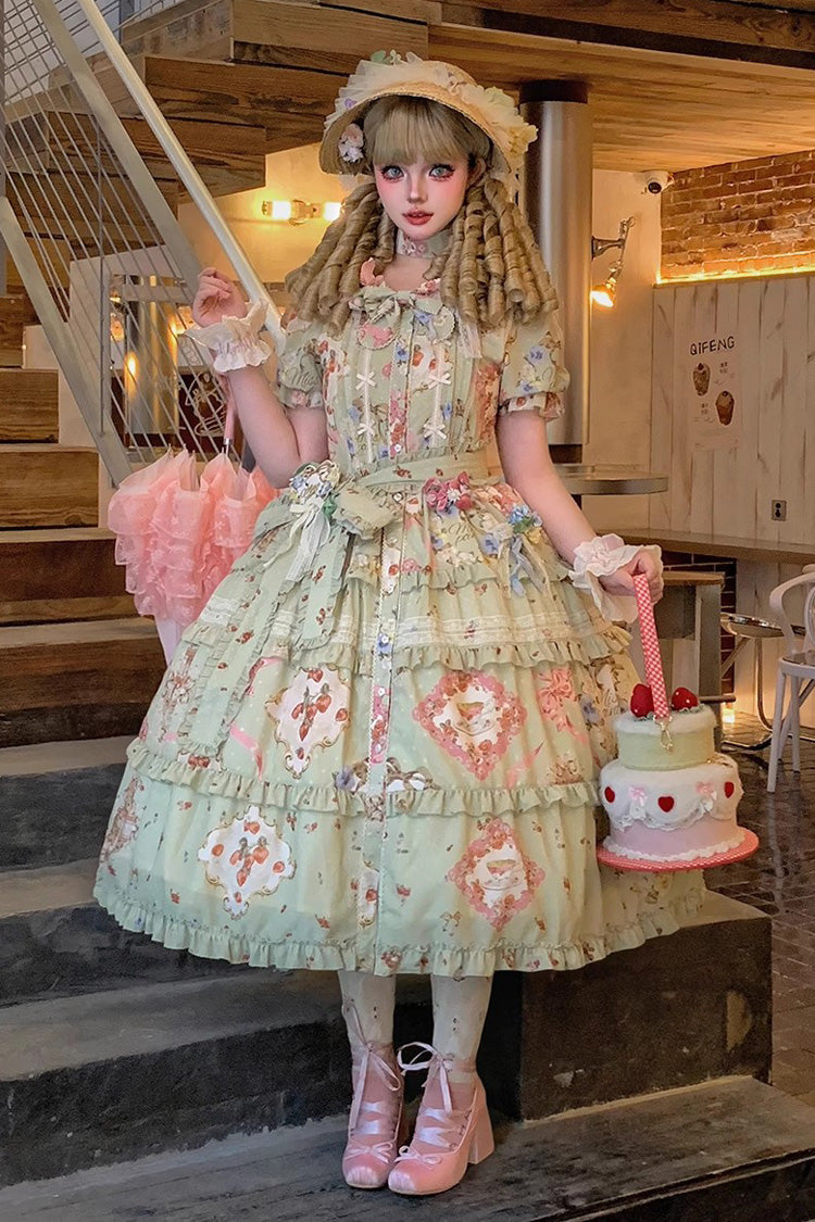 Sweet Lolita Dress - Cat Rose Tea, Green, Printed, Bow Detail, Lace Trim - additional product view 2