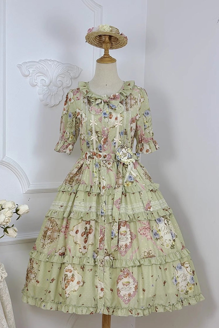 Sweet Lolita Dress - Cat Rose Tea, Green, Printed, Bow Detail, Lace Trim - additional product view 3