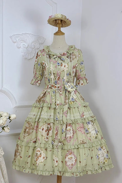 Sweet Lolita Dress - Cat Rose Tea, Green, Printed, Bow Detail, Lace Trim - additional product view 3