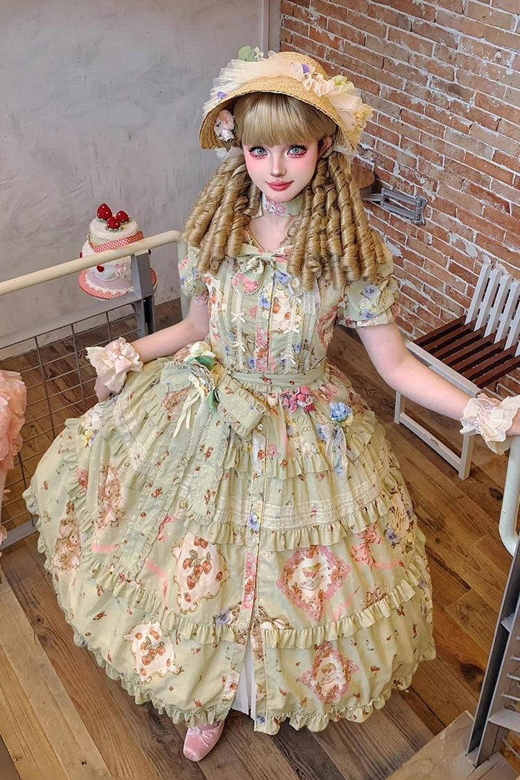 Sweet Lolita Dress - Cat Rose Tea, Green, Printed, Bow Detail, Lace Trim - additional product view 4