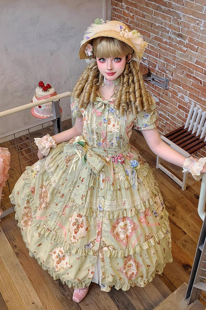 Sweet Lolita Dress - Cat Rose Tea, Green, Printed, Bow Detail, Lace Trim - additional product view 4