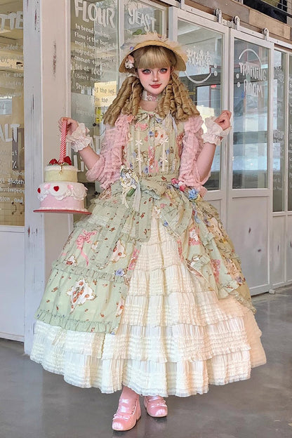 Sweet Lolita Dress - Cat Rose Tea, Green, Printed, Bow Detail, Lace Trim - additional product view 5