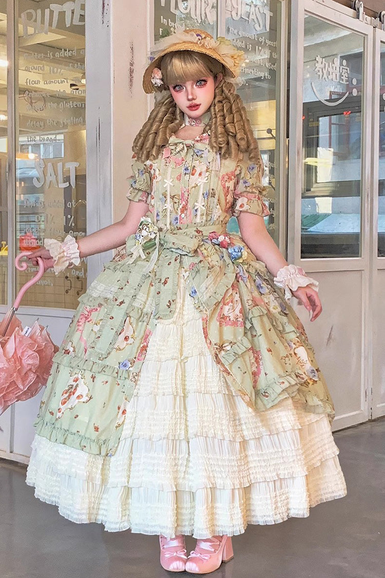 Sweet Lolita Dress - Cat Rose Tea, Green, Printed, Bow Detail, Lace Trim - additional product view 6