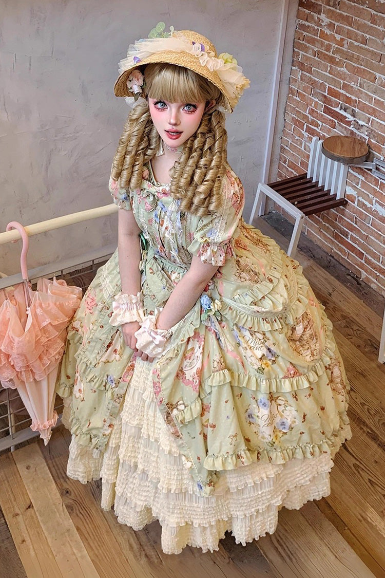 Sweet Lolita Dress - Cat Rose Tea, Green, Printed, Bow Detail, Lace Trim - additional product view 7