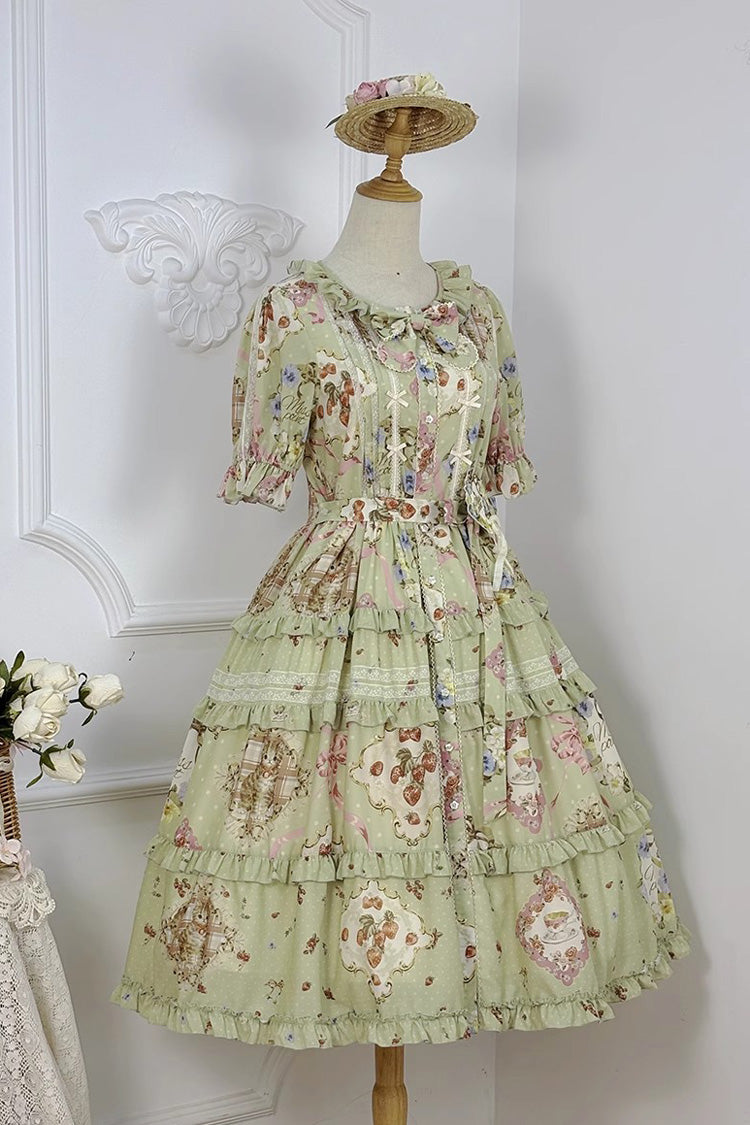 Sweet Lolita Dress - Cat Rose Tea, Green, Printed, Bow Detail, Lace Trim - additional product view 8