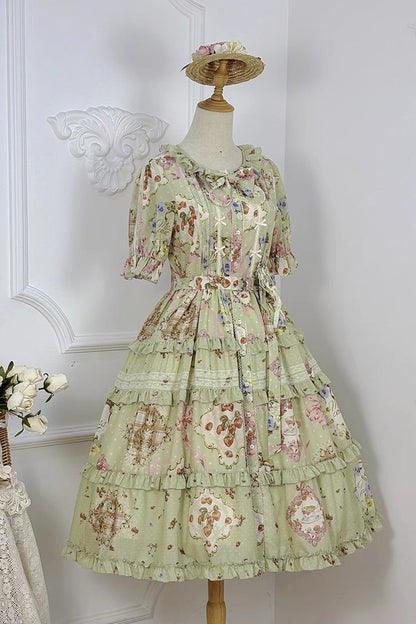 Sweet Lolita Dress - Cat Rose Tea, Green, Printed, Bow Detail, Lace Trim - additional product view 8