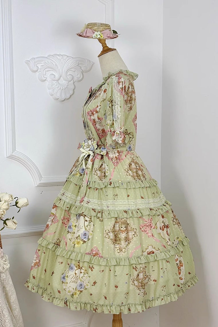 Sweet Lolita Dress - Cat Rose Tea, Green, Printed, Bow Detail, Lace Trim - additional product view 9