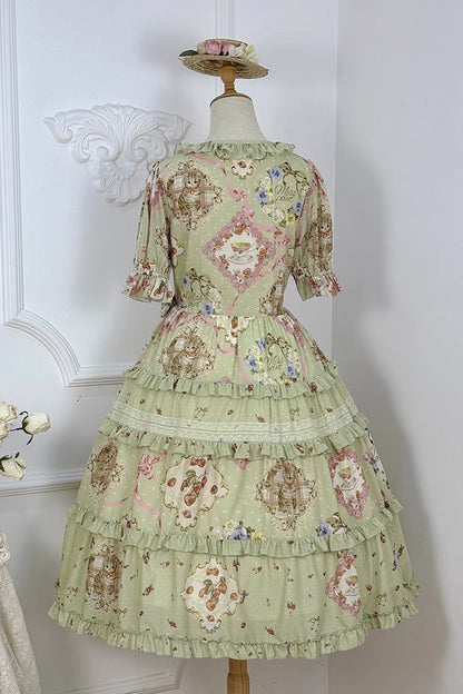 Sweet Lolita Dress - Cat Rose Tea, Green, Printed, Bow Detail, Lace Trim - additional product view 10