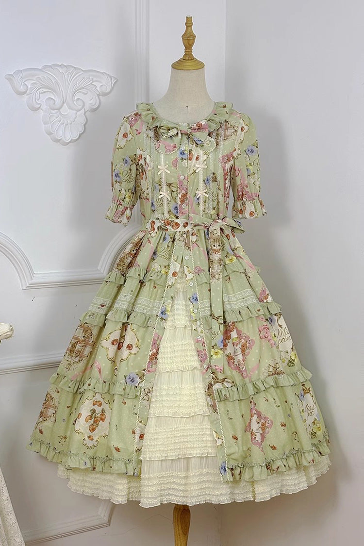 Sweet Lolita Dress - Cat Rose Tea, Green, Printed, Bow Detail, Lace Trim - additional product view 11