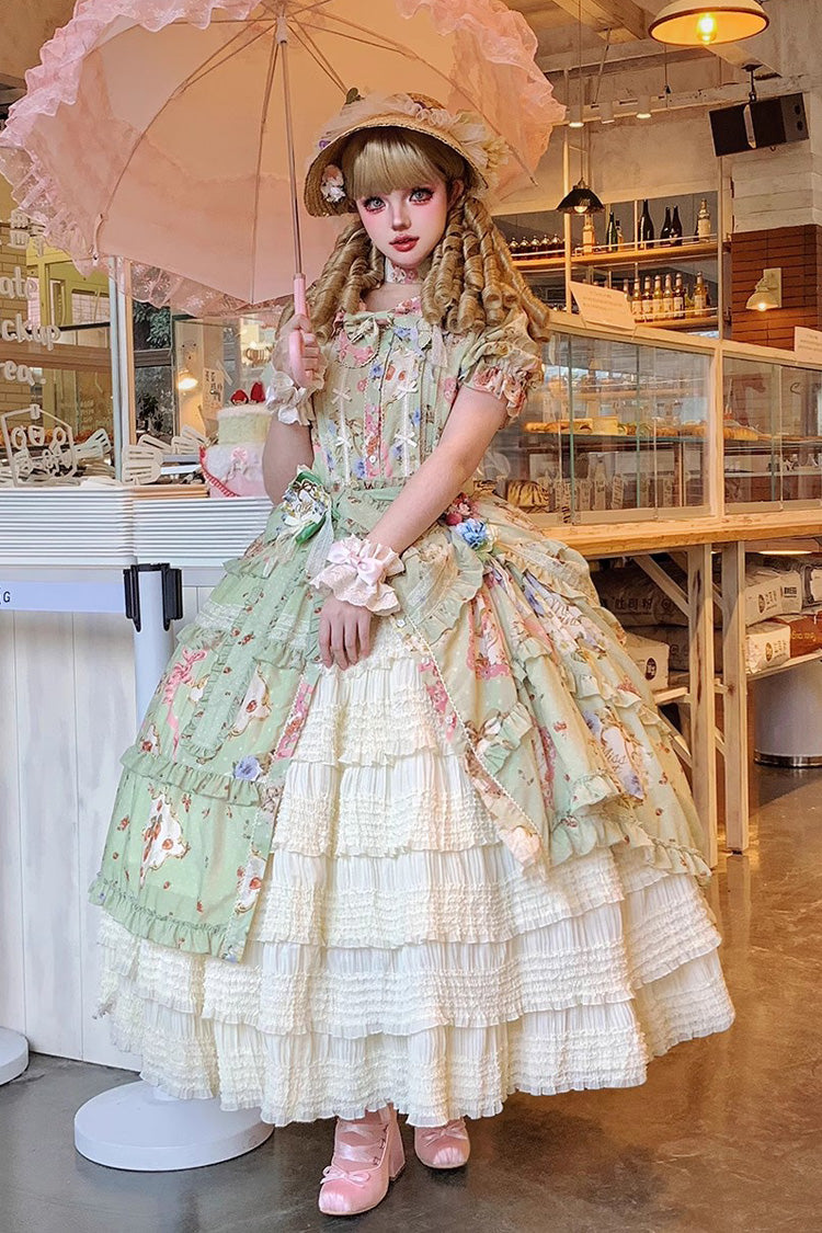 Sweet Lolita Dress - Cat Rose Tea, Green, Printed, Bow Detail, Lace Trim - main product image