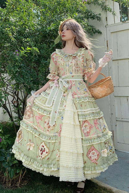 Sweet Lolita Dress - Cat Rose Tea, Green, Ruffled, Printed, Bow Detail - additional product view 2