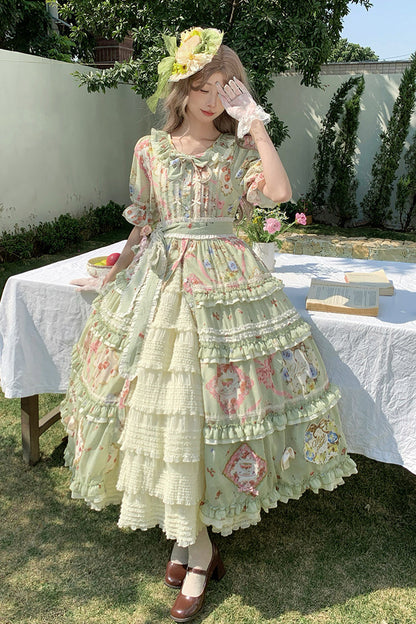Sweet Lolita Dress - Cat Rose Tea, Green, Ruffled, Printed, Bow Detail - additional product view 3