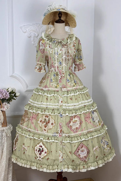 Sweet Lolita Dress - Cat Rose Tea, Green, Ruffled, Printed, Bow Detail - additional product view 4
