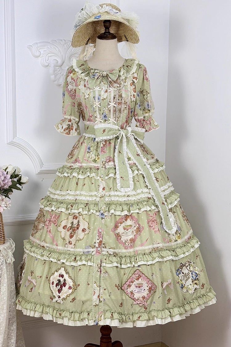 Sweet Lolita Dress - Cat Rose Tea, Green, Ruffled, Printed, Bow Detail - additional product view 5