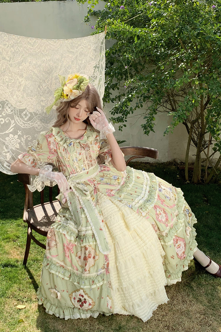 Sweet Lolita Dress - Cat Rose Tea, Green, Ruffled, Printed, Bow Detail - additional product view 6