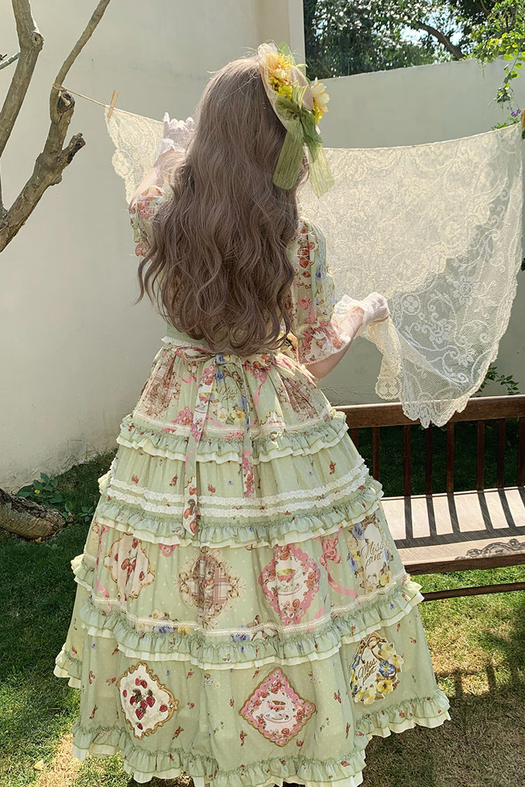 Sweet Lolita Dress - Cat Rose Tea, Green, Ruffled, Printed, Bow Detail - additional product view 7