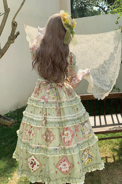 Sweet Lolita Dress - Cat Rose Tea, Green, Ruffled, Printed, Bow Detail - additional product view 7