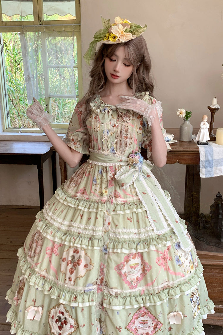 Sweet Lolita Dress - Cat Rose Tea, Green, Ruffled, Printed, Bow Detail - additional product view 8