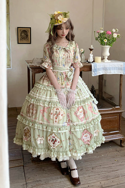 Sweet Lolita Dress - Cat Rose Tea, Green, Ruffled, Printed, Bow Detail - additional product view 9