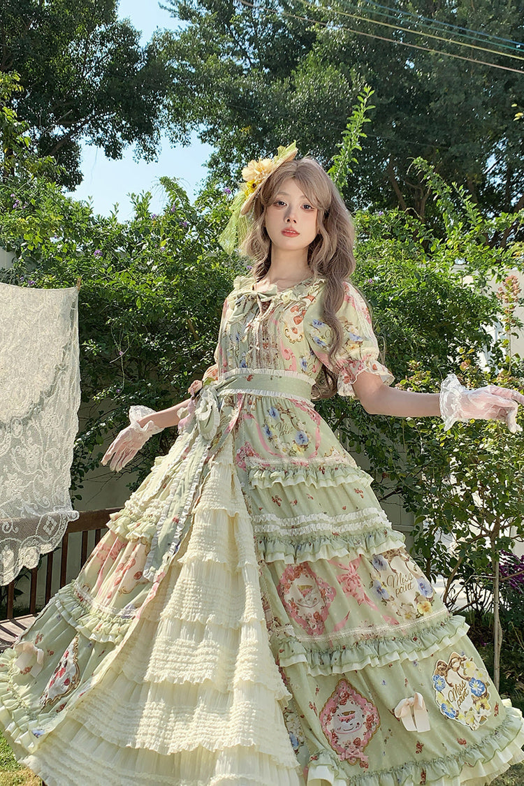 Sweet Lolita Dress - Cat Rose Tea, Green, Ruffled, Printed, Bow Detail - additional product view 10