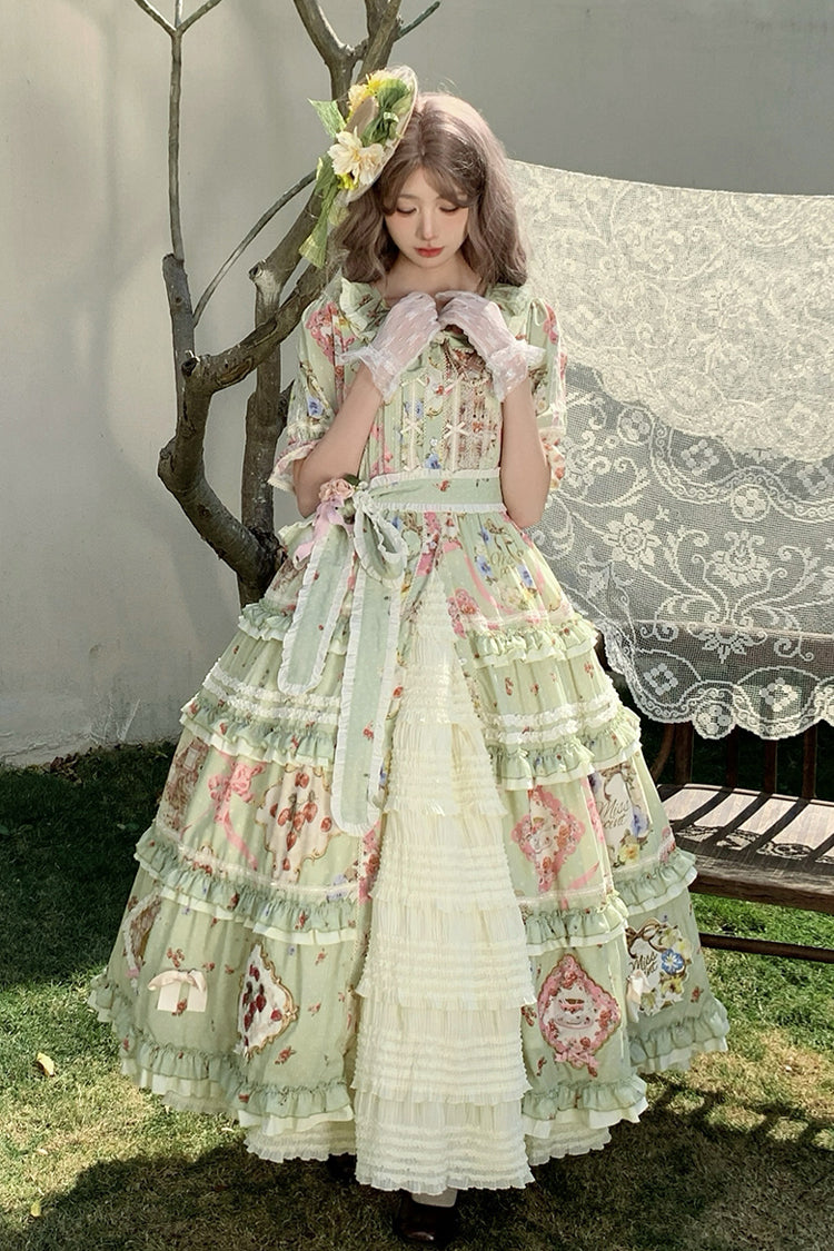 Sweet Lolita Dress - Cat Rose Tea, Green, Ruffled, Printed, Bow Detail - additional product view 11