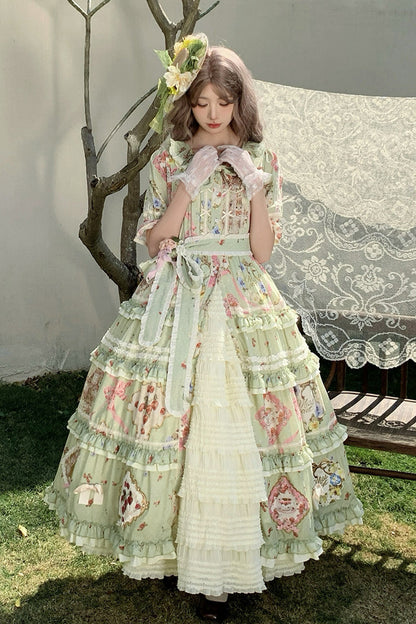 Sweet Lolita Dress - Cat Rose Tea, Green, Ruffled, Printed, Bow Detail - additional product view 11
