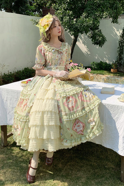 Sweet Lolita Dress - Cat Rose Tea, Green, Ruffled, Printed, Bow Detail - additional product view 12