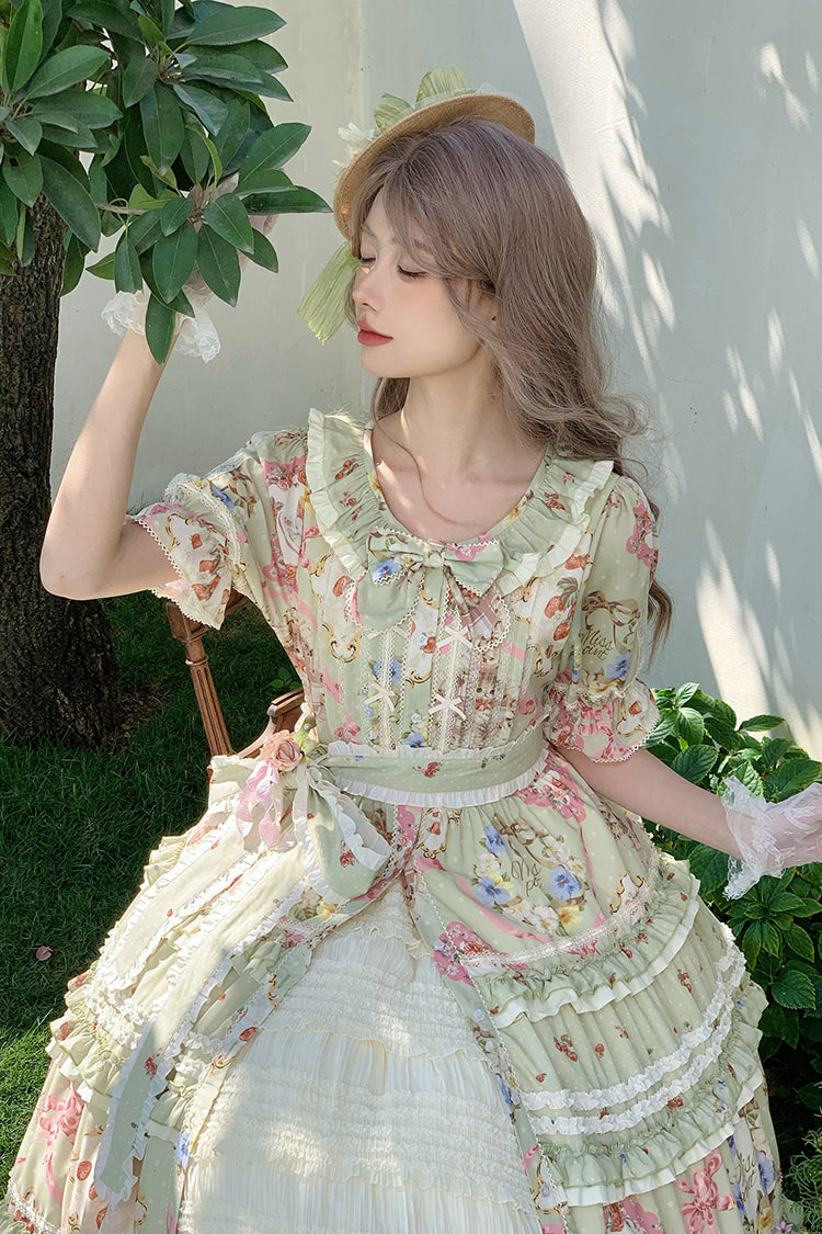 Sweet Lolita Dress - Cat Rose Tea, Green, Ruffled, Printed, Bow Detail - additional product view 13