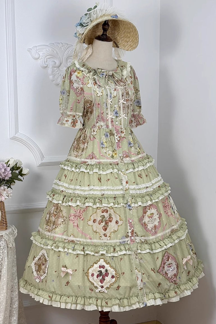 Sweet Lolita Dress - Cat Rose Tea, Green, Ruffled, Printed, Bow Detail - additional product view 14