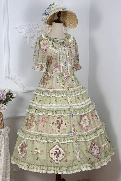Sweet Lolita Dress - Cat Rose Tea, Green, Ruffled, Printed, Bow Detail - additional product view 14