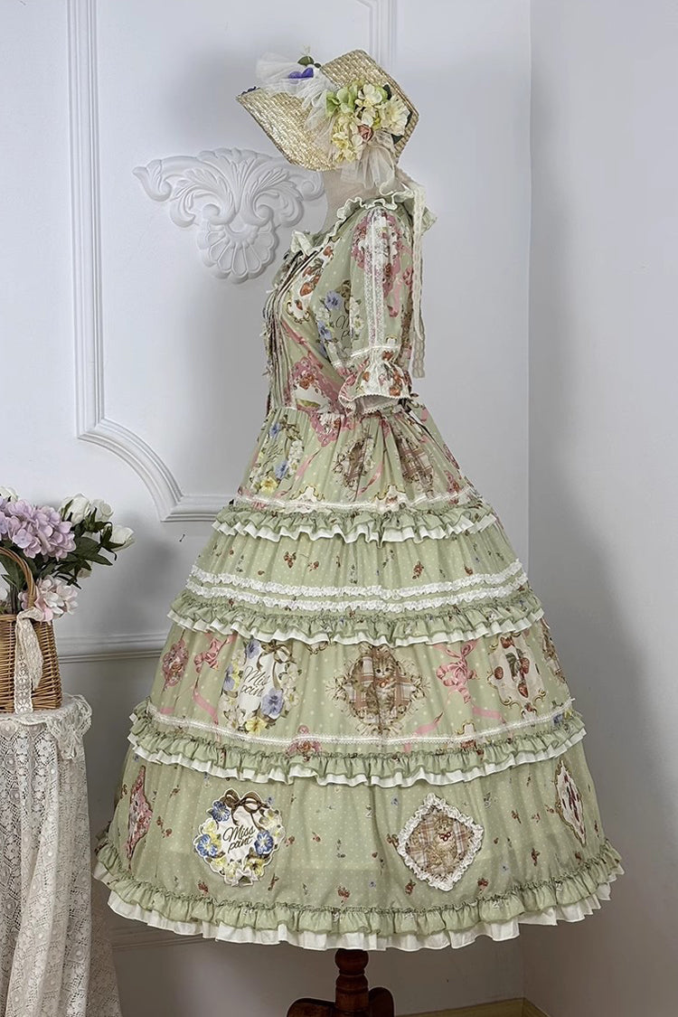 Sweet Lolita Dress - Cat Rose Tea, Green, Ruffled, Printed, Bow Detail - additional product view 15