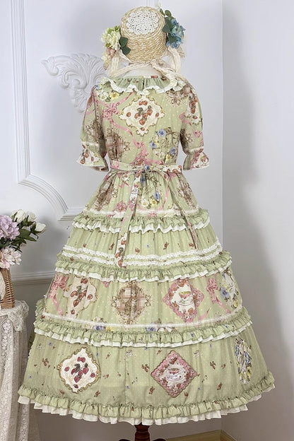 Sweet Lolita Dress - Cat Rose Tea, Green, Ruffled, Printed, Bow Detail - additional product view 16