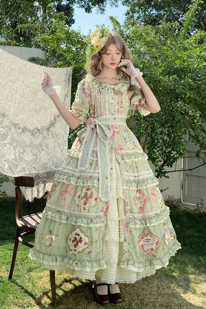 Sweet Lolita Dress - Cat Rose Tea, Green, Ruffled, Printed, Bow Detail - main product image