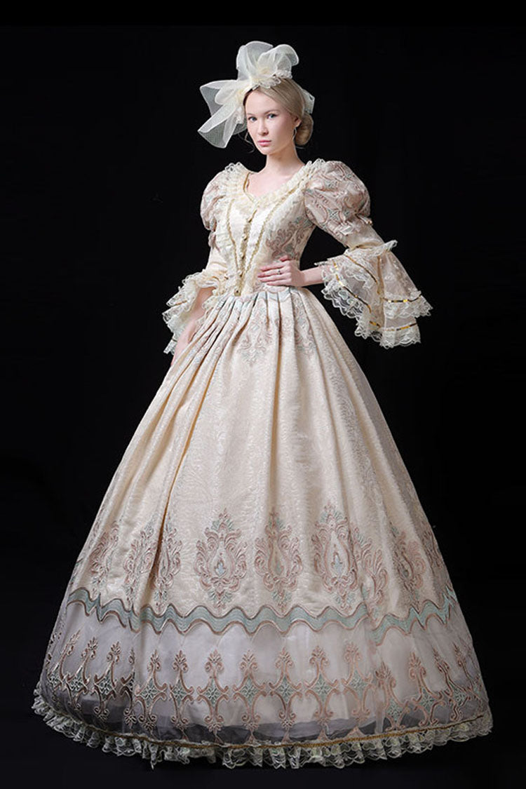 Sweet Lolita Dress - Champagne Trumpet Sleeves, Champagne, High Waist, Lace Trim, Printed - additional product view 2